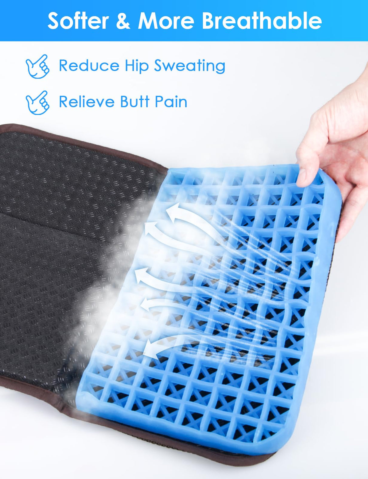 WISIMMALL Gel Seat Cushion Portable Massage Travel Cushions, 14.5" x 10.5" Thick Foldable Seat Cushion for Car Office Chair Wheelchair Hip, Coccyx, Sciatica, Pressure Sores Tailbone Pain Relief