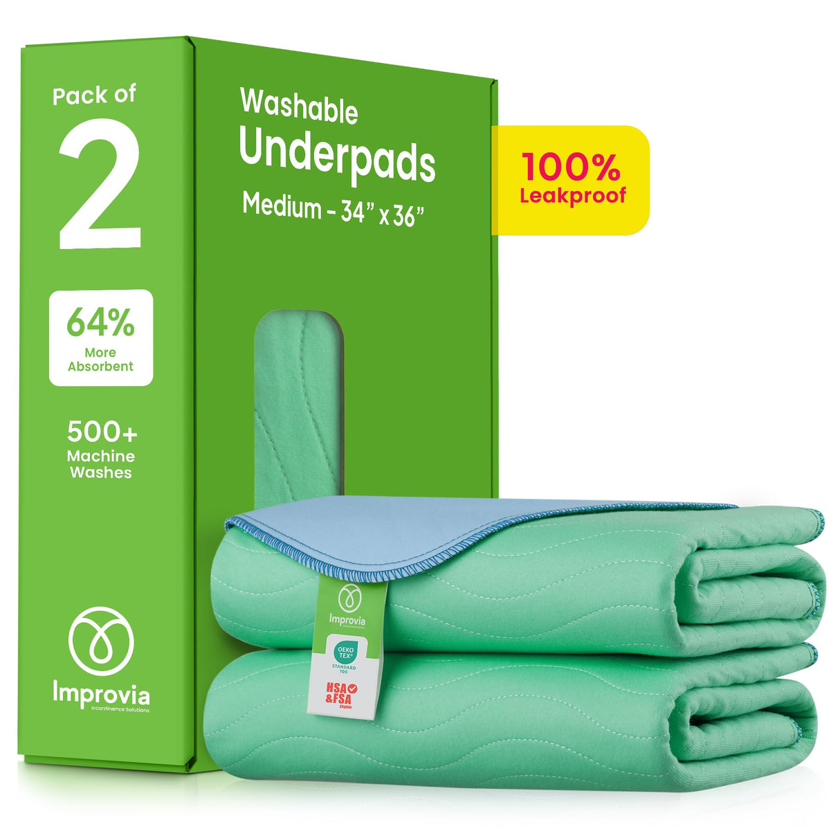 IMPROVIA® Washable Underpads, 34" x 36" (Pack of 2) - Heavy Absorbency Reusable Bedwetting Incontinence Pads for Kids, Adults, Elderly, and Pets - Waterproof Protective Pad for Bed, Couch, Sofa, Floor