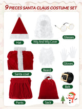 FancyFun Santa Claus Costume for Kids, 9PCS Boys Christmas Suit Kids Santa Costume Outfit Velvet For Boys Christmas Cosplay, 8-10Years