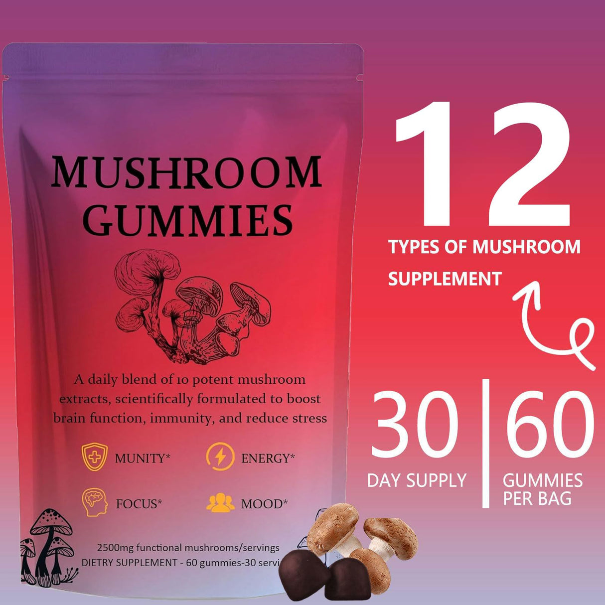 Sky Nutrition Mushroom Gummies, 12 in 1 Mushroom Blend with Lions Mane, Turkey Tail, Organic Reishi, Cordyceps, Immune Support & Energy Boost, Mushroom Supplement for Adults, Non-GMO, 60 Gummies