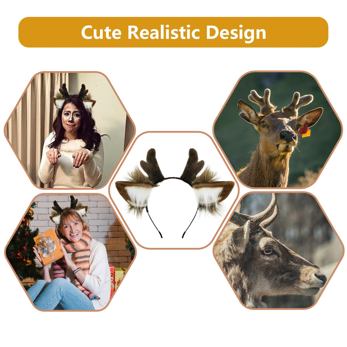 SIOTMERA Reindeer Antlers Headband, Realistic Deer Antlers Headbands Reindeer Ears Adults Christmas Party Birthday Makeup Cosplay, Reindeer Headband for Christmas Eve Costume Gift, Brown