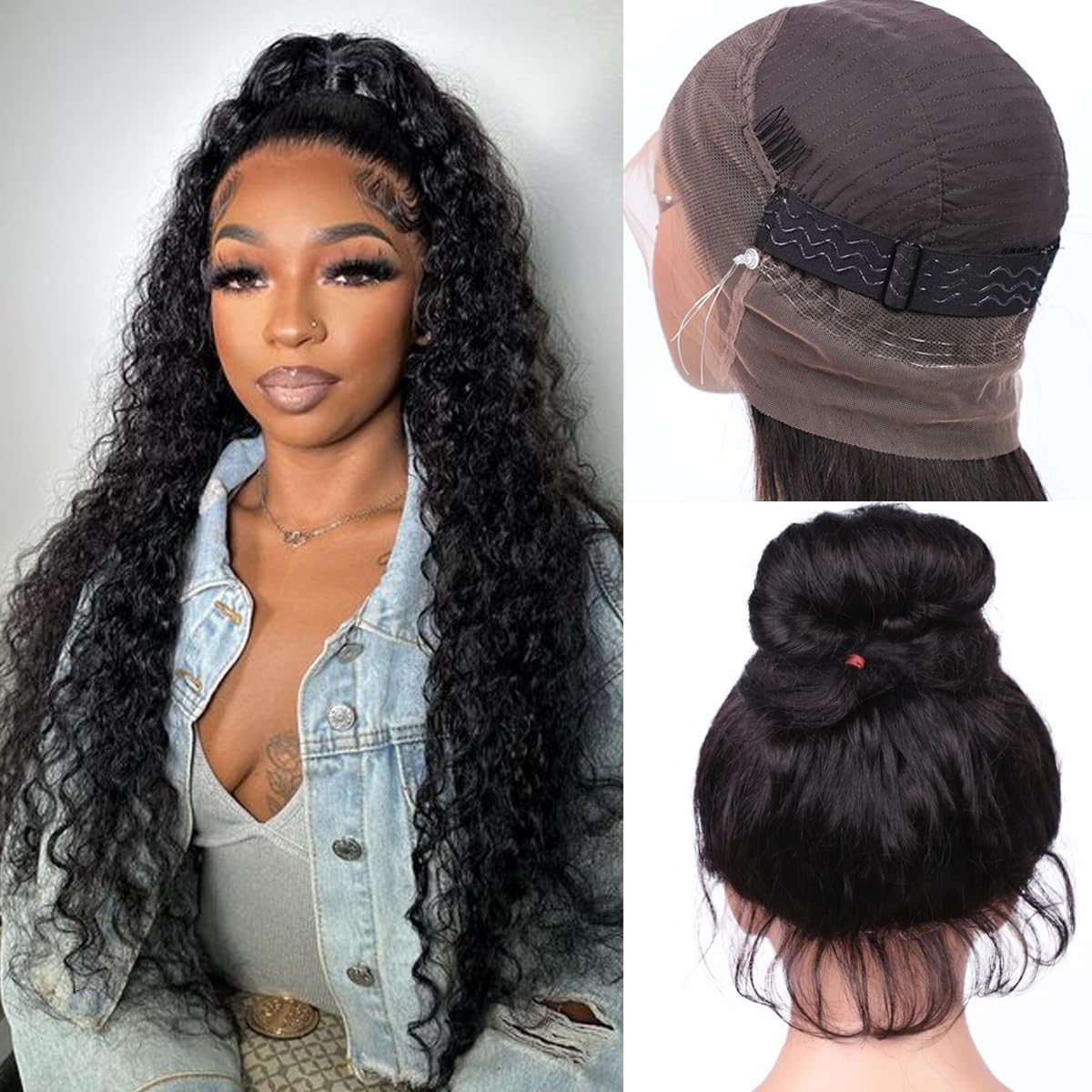 Ebarly Hidden Strap Water Wave 360 Glueless Wigs Human Hair Pre Plucked Pre bleached Human Hair Wig With Drawstring 180 Density Wet and Wavy HD Full Lace Front Wigs Human Hair 28 inch