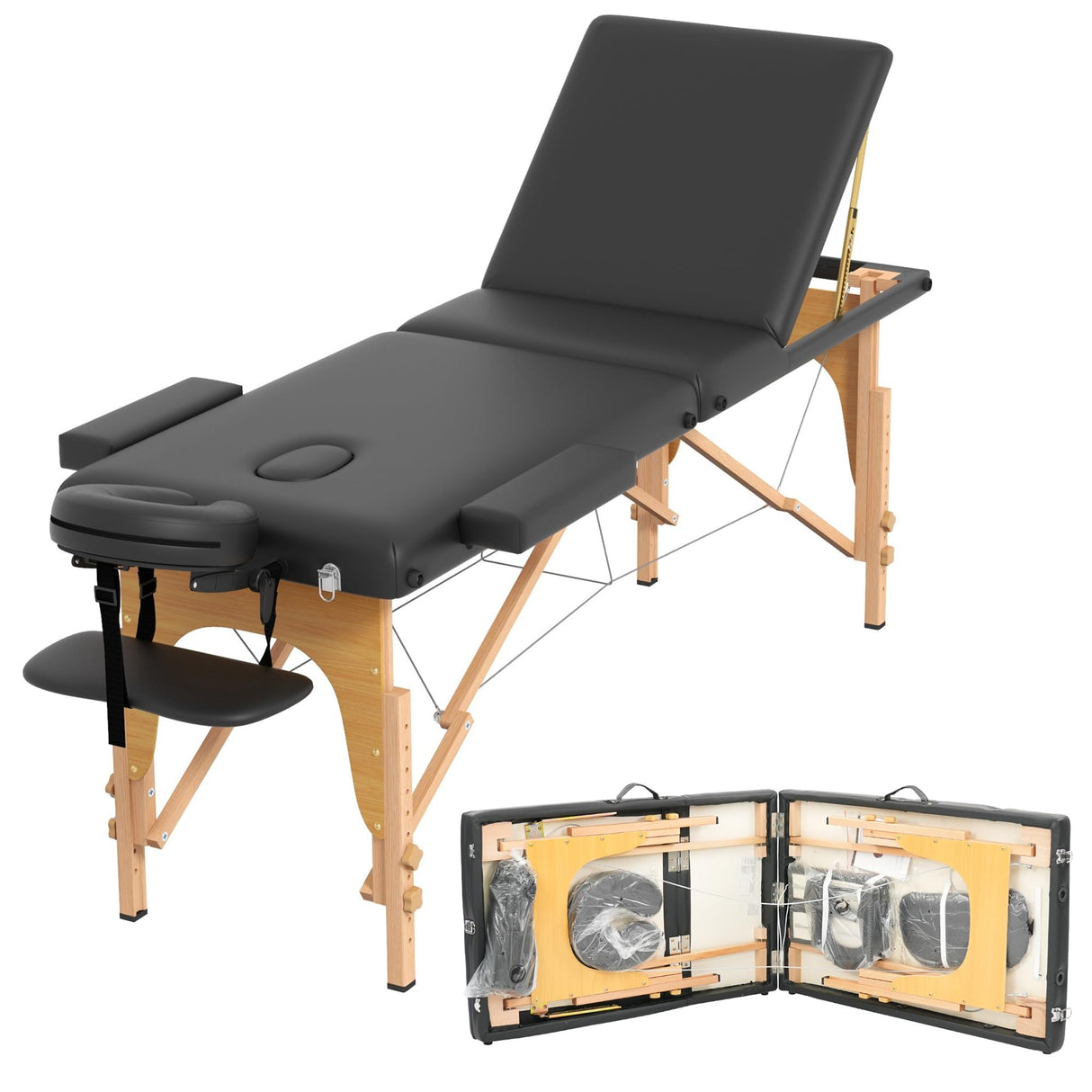 HENGJIANYI Massage Table Massage Bed, Portable 3 Section Foldable Tattoo Bed, Height Adjustable Lash Spa Bed with Face Cradle, Home Light Weight Facial Salon Bed with Wood Frame, Black