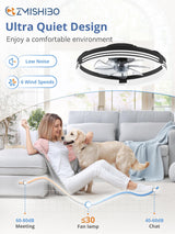 ZMISHIBO Low Profile Ceiling Fans with Lights and Remote, 20 Inch Flush Mount Ceiling Fan with Light, 3000K-6000K Dimmable Fandelier LED Fan Light, 6 Wind Speeds Black Ceiling Fans for Bedroom