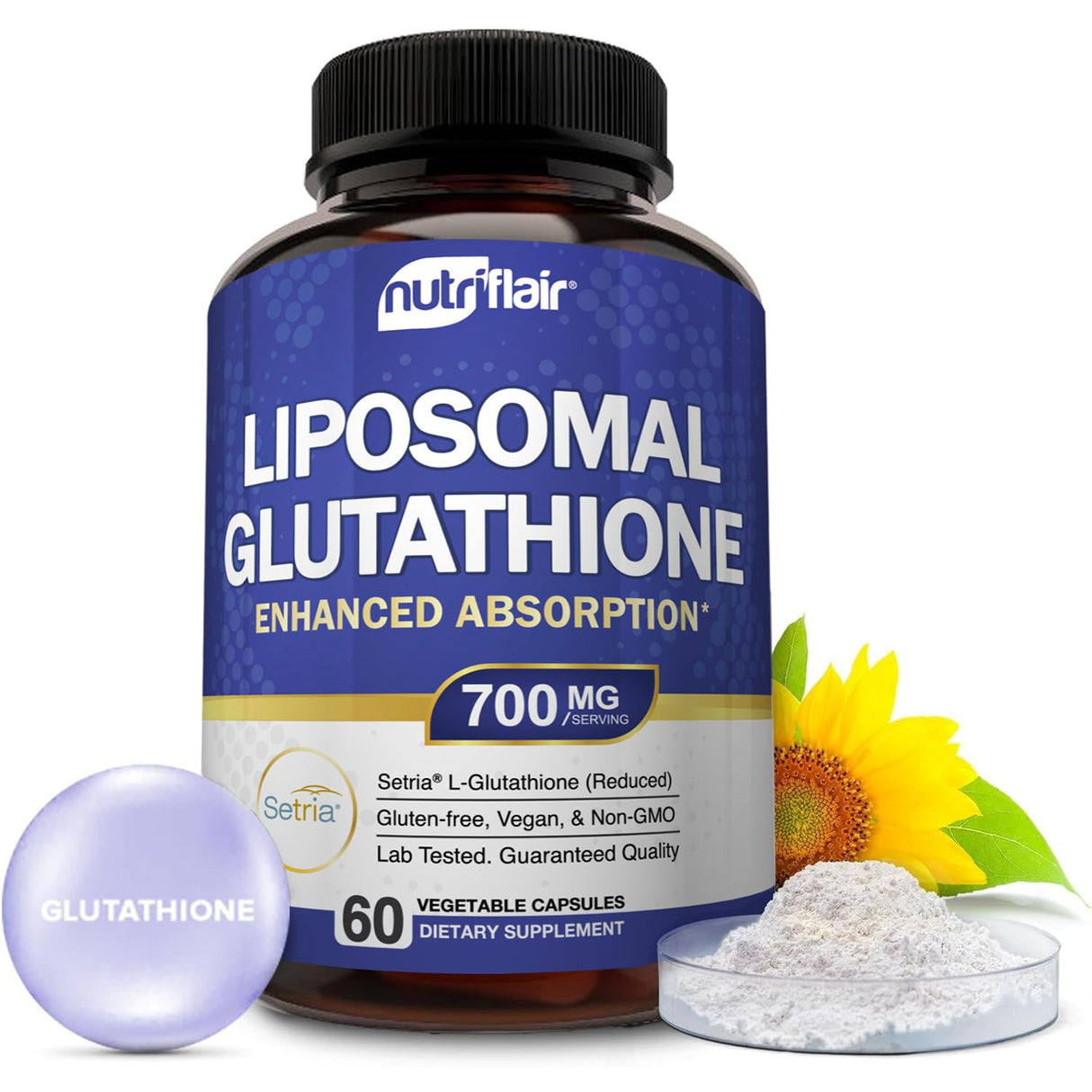 NutriFlair Liposomal Glutathione Supplement 700mg – Setria® Reduced L-Glutathione, 60 Capsules