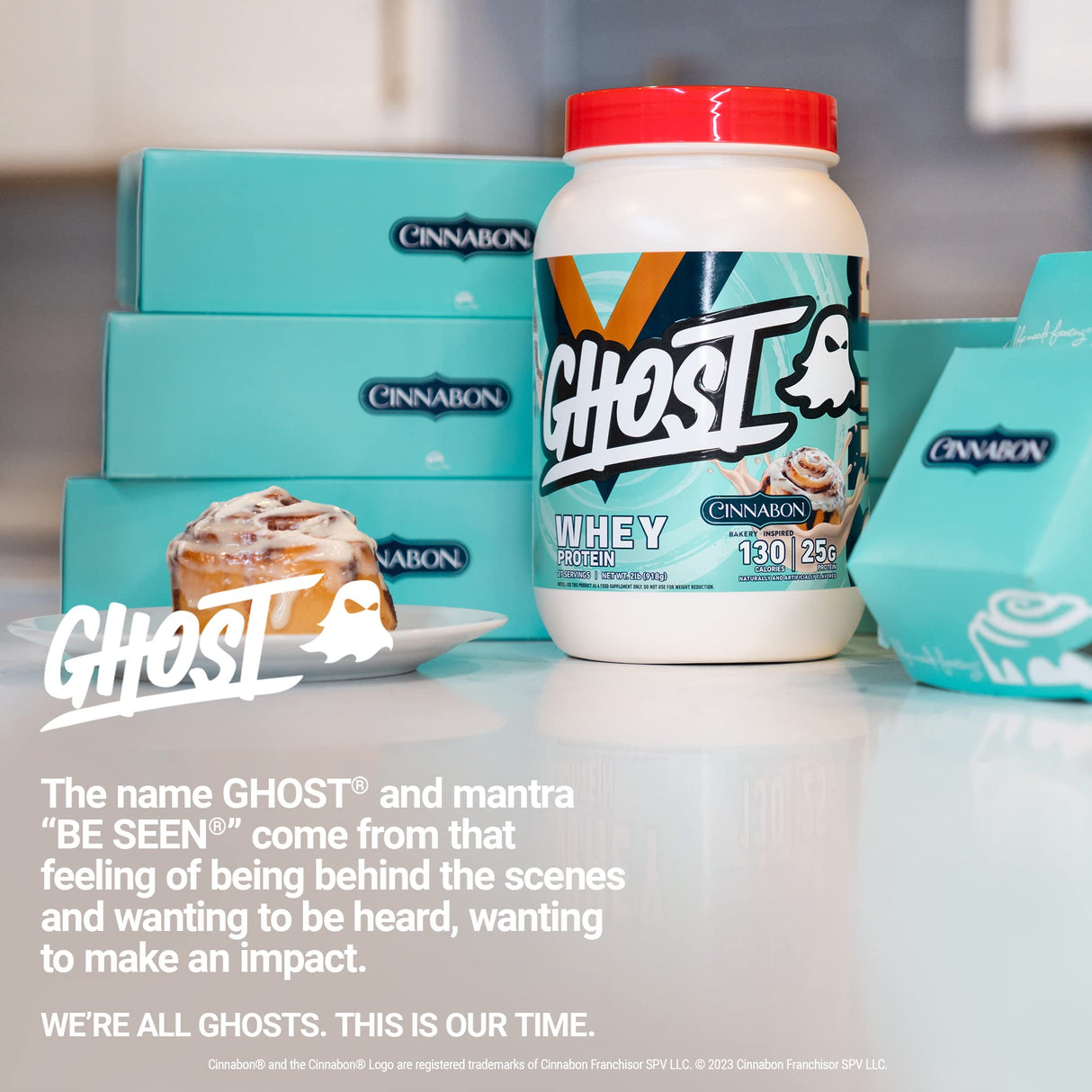 GHOST Whey Protein Powder, Cinnabon - 2LB Tub, 25G of Protein - Cinnamon Roll Flavored Isolate, Concentrate & Hydrolyzed Whey Protein Blend - Post Workout Shakes - Soy & Gluten Free