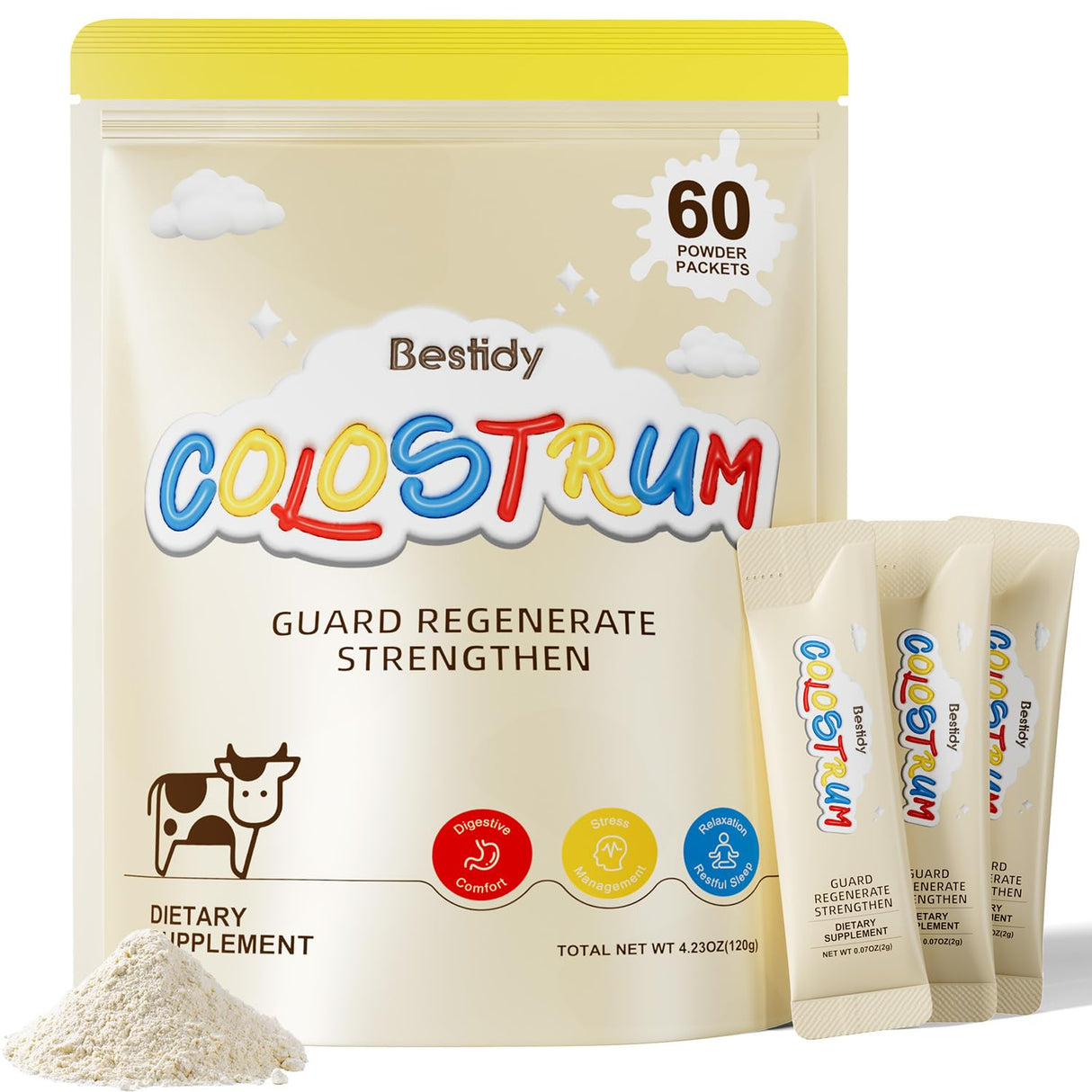 Bestidy Colostrum Supplement,Colostrum Powder for Gut, Hair Growth, Beauty, Individually Packaged,Natural Superfood Bovine Colostrum Powder,(60 Servings) 4.23 Oz