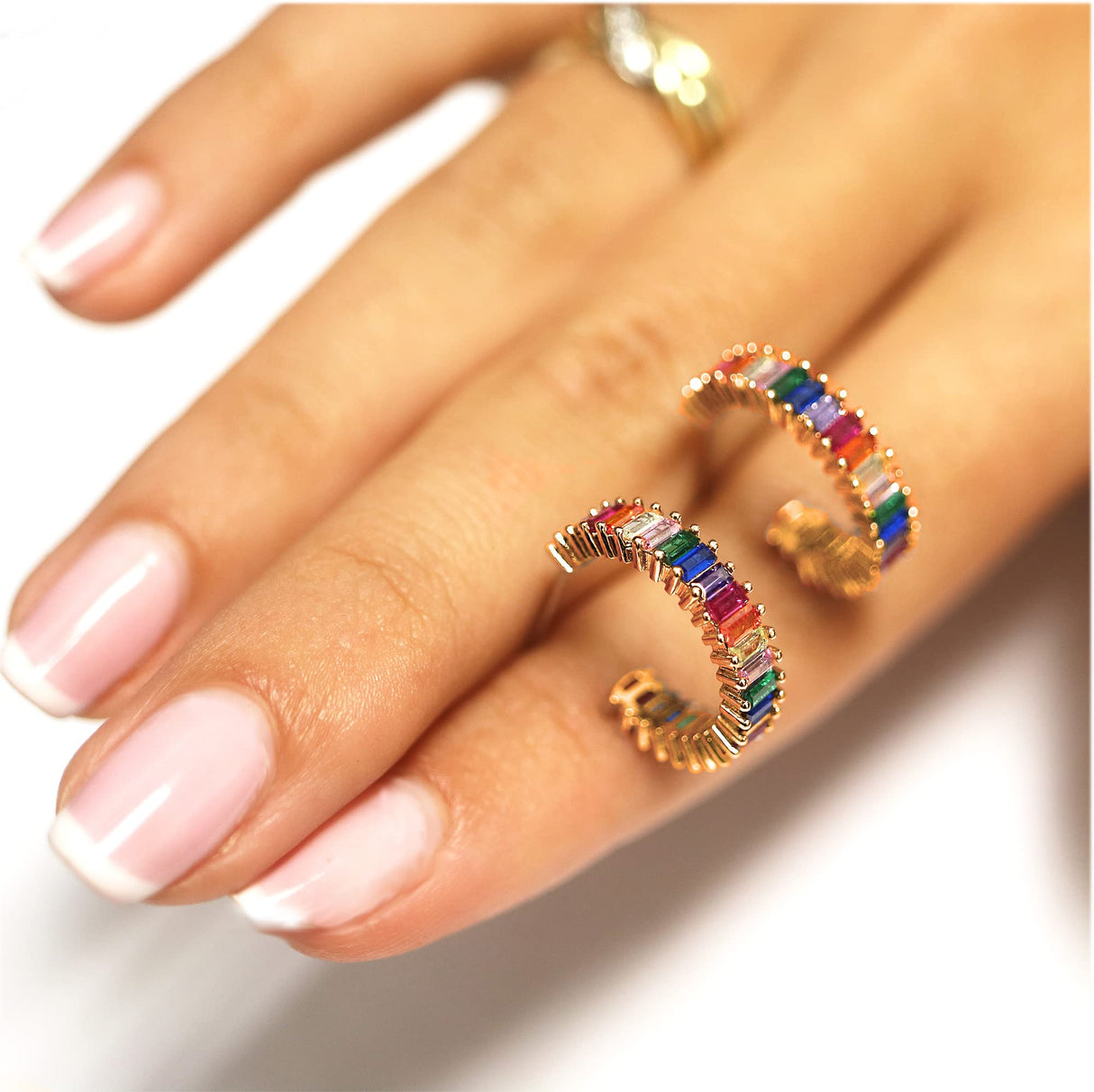 Savlano 14K Gold Plated Cubic Zirconia Multicolor Rainbow Round Hoop Stud Earrings for Women Comes with a Gift Box (Yellow)