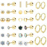 Hypoallergenic Titanium Earrings for Sensitive Ears 14K Gold Plated Opal Ball CZ Heart Flat Back Earrings for Women Men Small Surgical Steel Flatback Stud Hoop Cartilage Earring Set for Multiple Piercing (D-Gold Tone-16Pairs)