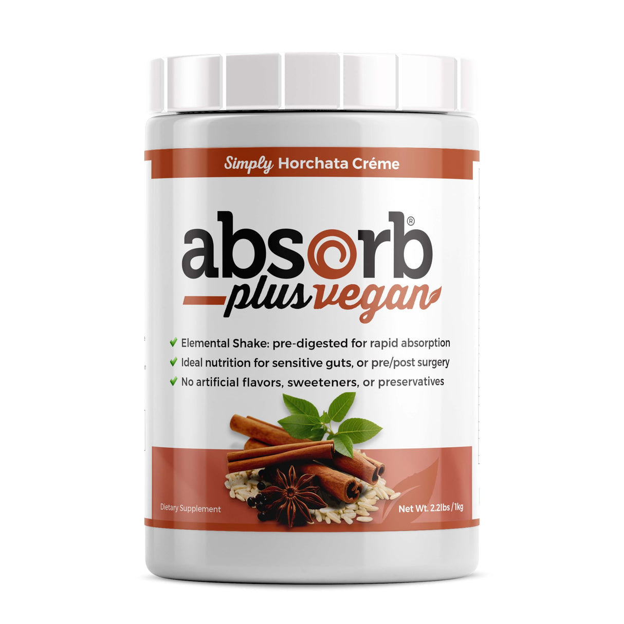 Absorb Plus Vegan Elemental Shake – Powdered Blend, Natural Ingredients, Non-GMO, Gluten-Free, Organic Sprouted Rice Protein - Smooth, Easily Mixable Formula (2.2 lbs, Simply Horchata Creme)
