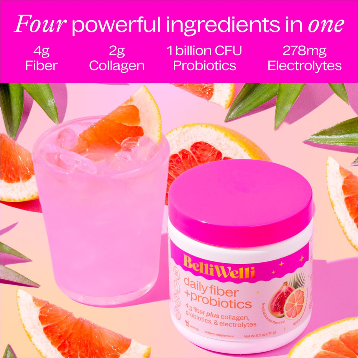 BelliWelli Fiber Supplement for Women & Men – Premium Daily Fiber Powder from Organic Acacia with Added Collagen, Electrolytes & Probiotics – No Bloat, Constipation & Gut Health Support (Tropical)