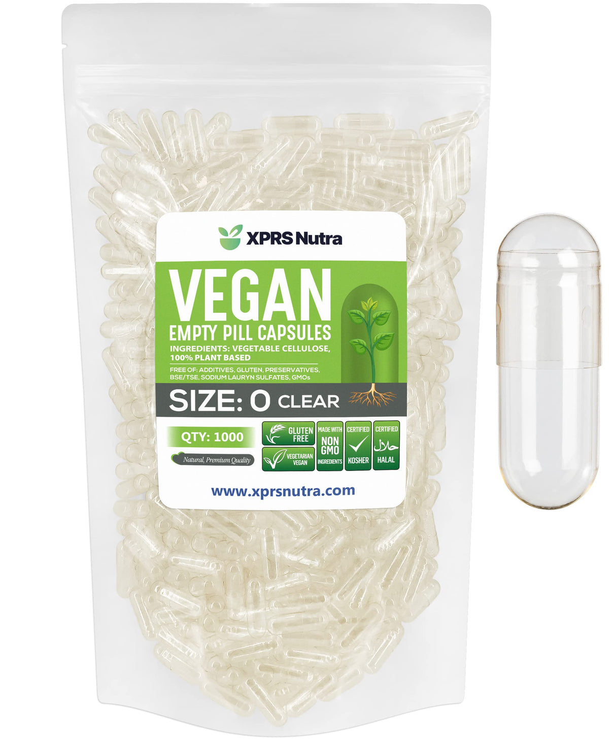 XPRS Nutra Size 0 Empty Capsules - 1000 Count Clear Empty Vegan Capsules - Vegetarian Pills - DIY Vegetable Capsule Filling - Veggie Pill Caps for Do-It-Yourself Supplements