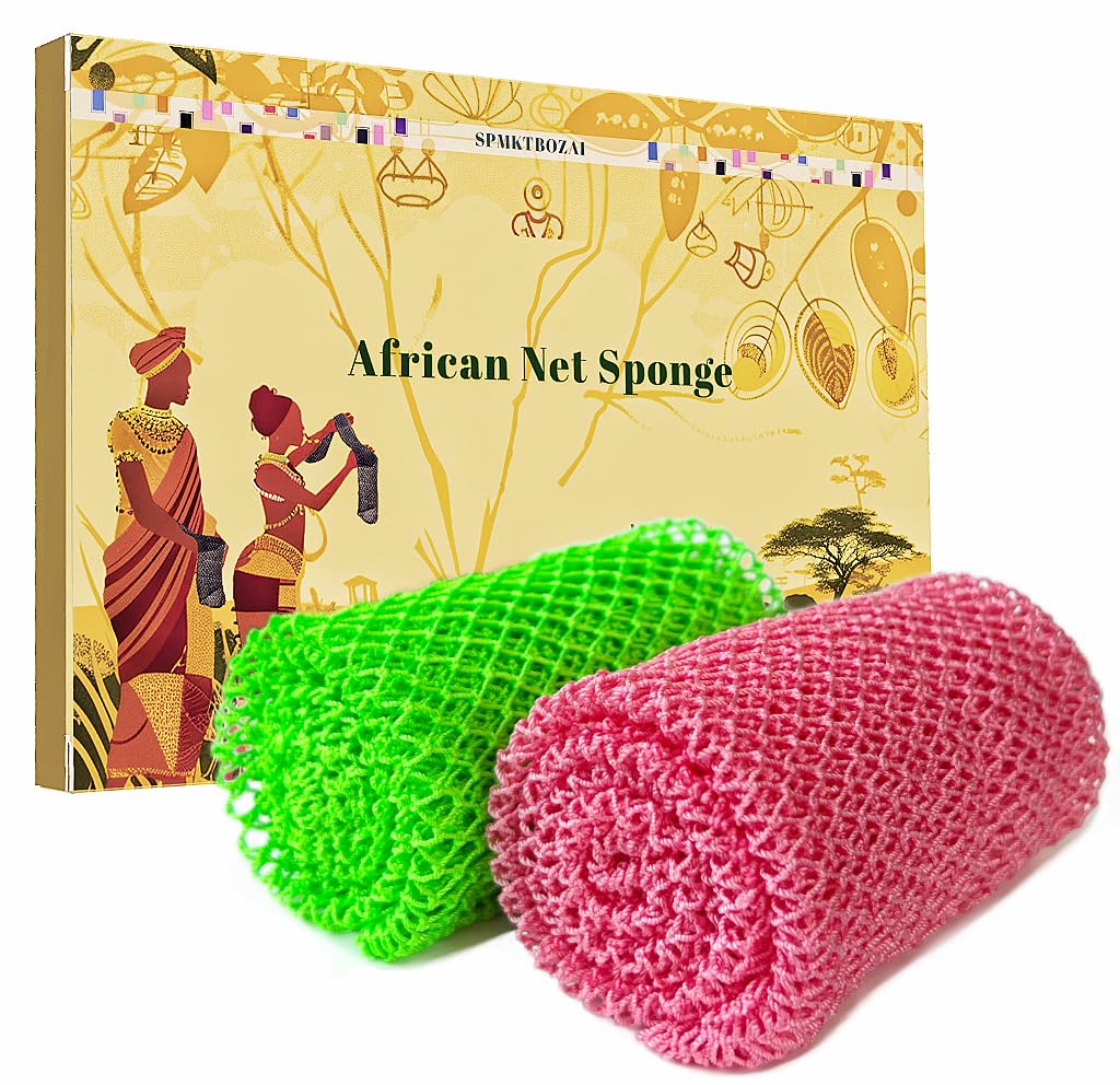 SPMKTBOZAI African Net Sponge Authentic, 2 Pieces African Exfoliating Sponge Real African Net Black Owned, African Bath Sponge Back Scrubber, Body Exfoliator Shower Bath Accessories (Green, Pink)