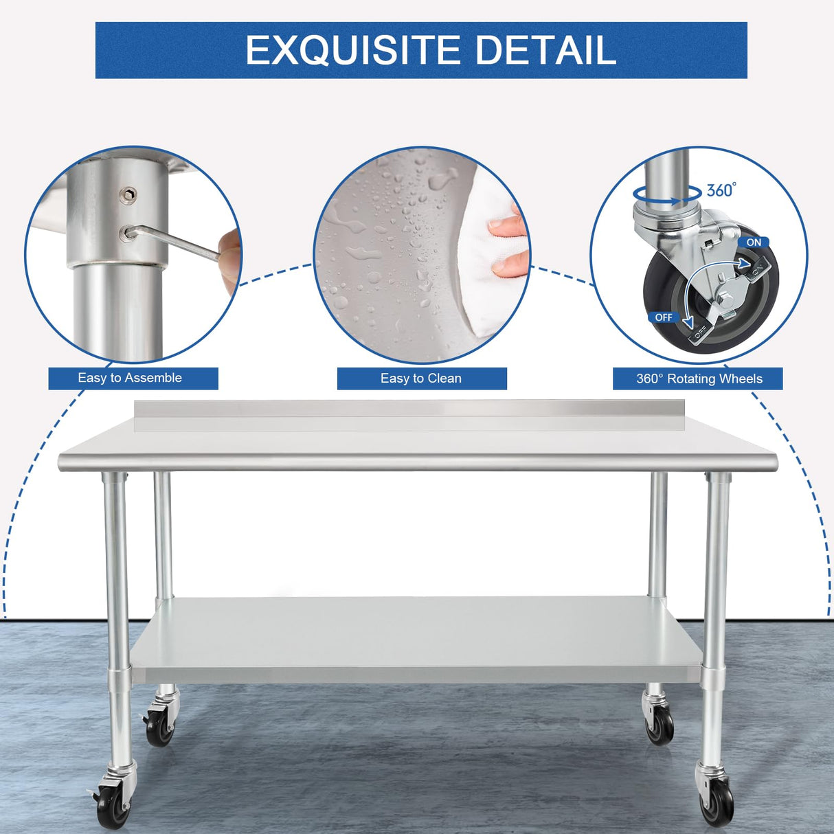 HARDURA Stainless Steel Table 24 x 60 Inches with Wheels Casters NSF Heavy Duty Commercial Prep Table with 2” Backsplash and Adjustable Undershelf for Restaurant Kitchen Home and Hotel