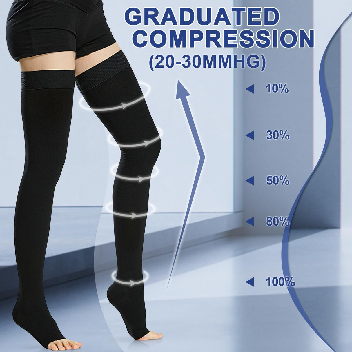 Beister 1 Pair Medical Open Toe Thigh High Compression Stockings with Silicone Band for Women & Men, Firm 20-30 mmHg Graduated Support for Varicose Veins, Edema, Flight.