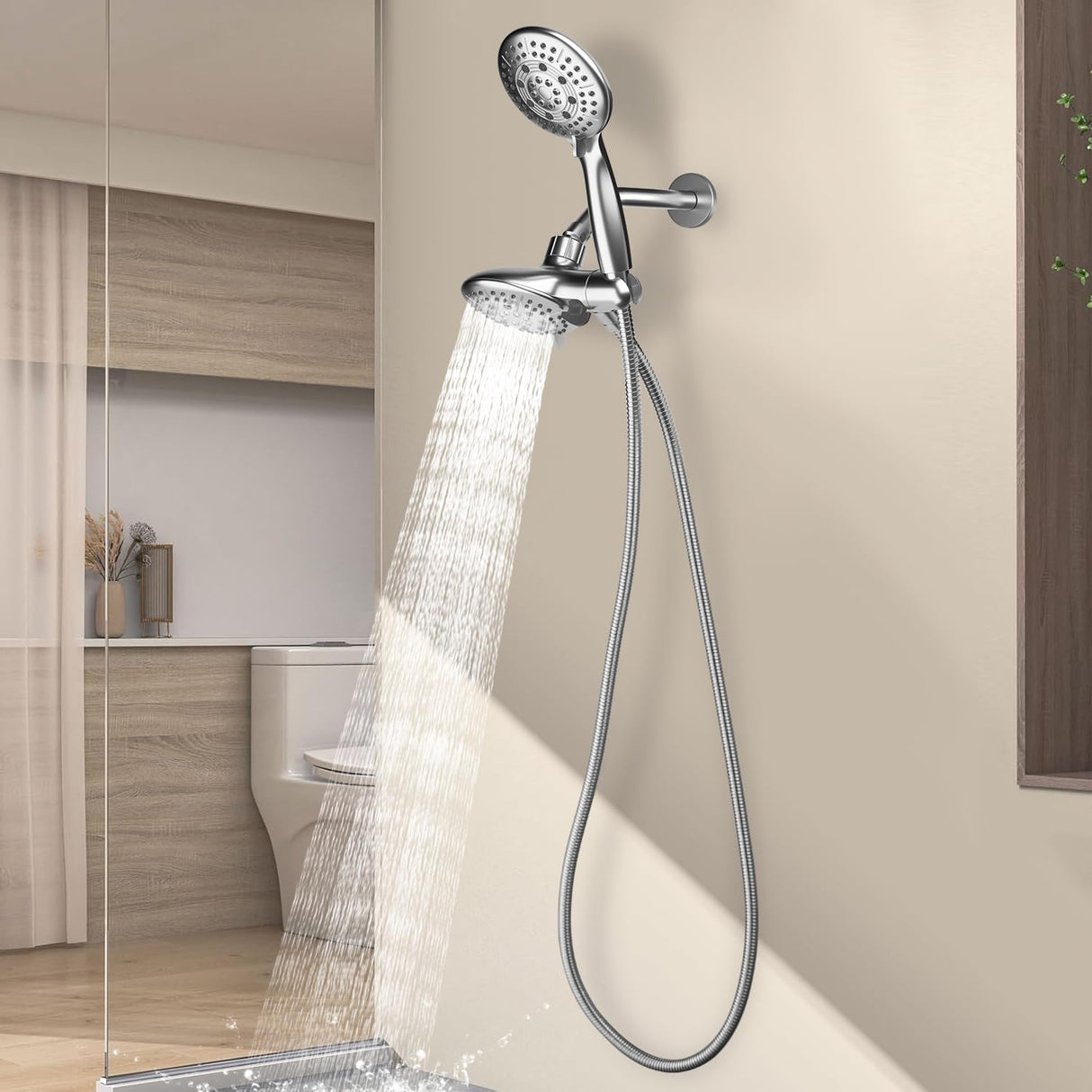Cobbe 48-Setting High Pressure 3-Way Shower Head Combo, Hand Held Shower & Rain Shower Separately or Together, 4.7" Dual 2 in 1 Showerhead with Stainless Steel Hose - Chrome - U.S. Invention Patents