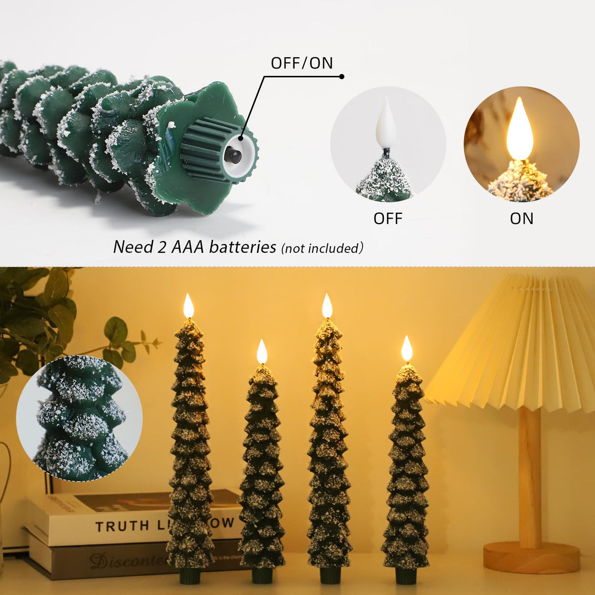 MUMCHASI 4 Pcs Flameless Taper Candles, Christmas Tree Candles with Remote, Battery Operated Candlesticks, Flickering LED Window Candlelights Real Wax Christmas Candlesticks H9.45,11.4”Green