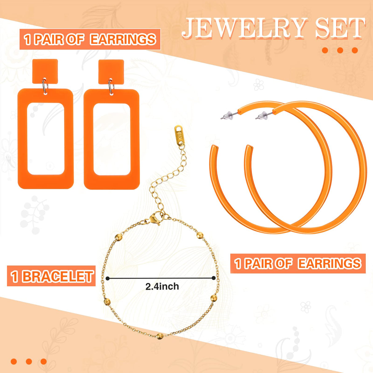 Jadive Orange 4 Pcs Purse Clear Women Acrylic Clutch Hand Bag Evening Retro Earring Bracelet Jewelry Set Neon Vintage Wedding Gift