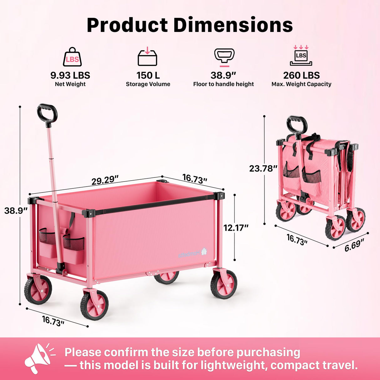 HOMBETTA 29.3" Collapsible Wagon Cart, 150L Heavy Duty Folding Utility Wagon with Wheels, 260 lbs Load, Portable Rolling Cart for Garden, Shopping, Sports, Camping, Pink