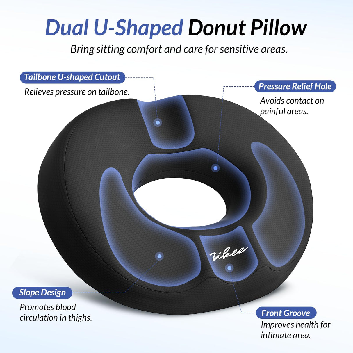 ZIKEE Dual U-Shaped Donut Pillow for Tailbone Pain, Hemorrhoid Pillow for Sitting with Pressure Relief Hole & Slope Design, Donut Seat Cushion for Coccyx, Postpartum & Post Surgery Sitting Relief