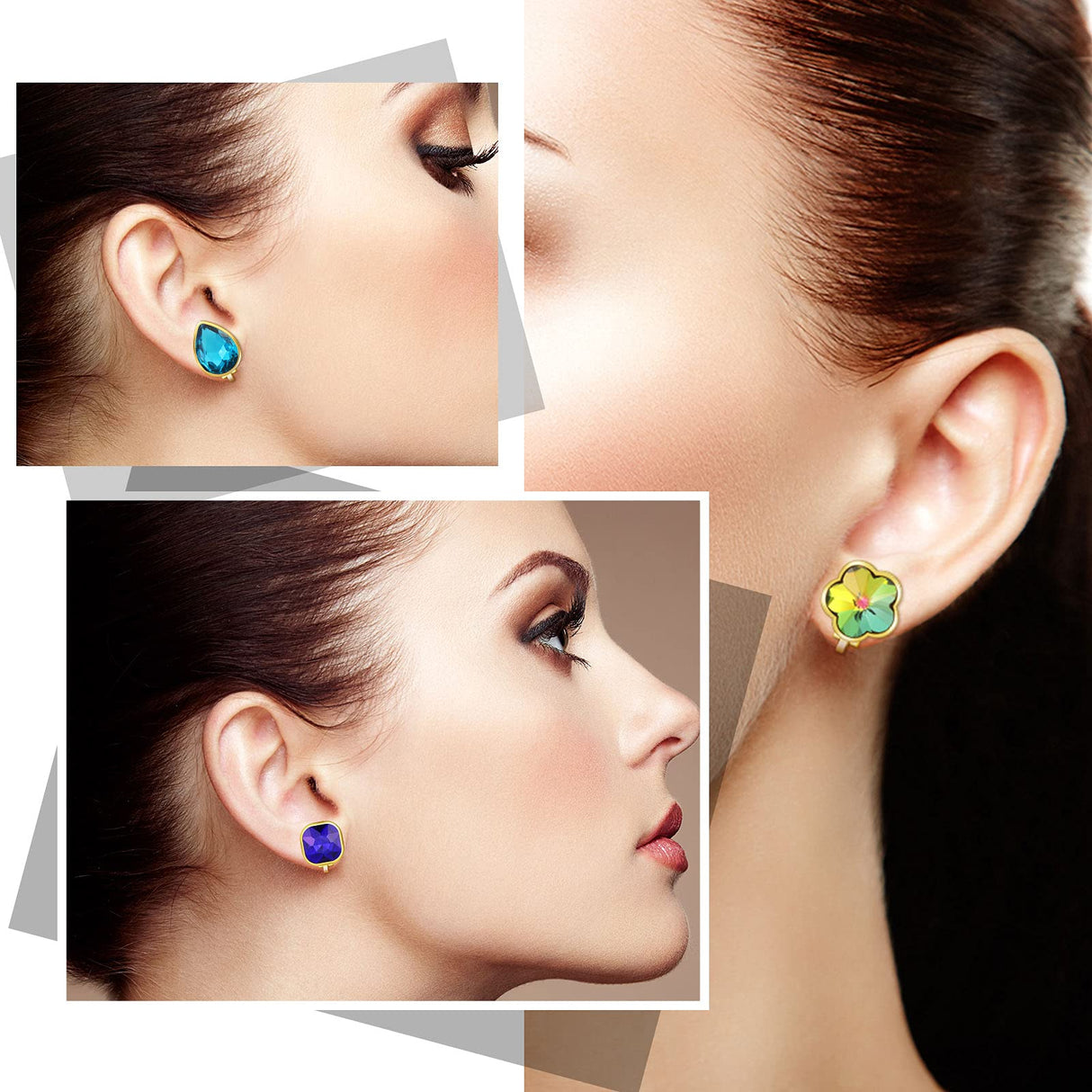 Hicarer 12 Pairs Clip on Earrings for Women Girls, Non-pierced Rhinestone Stud Earrings, Colorful Trendy Iridescent Fake Crystal Earring Clips Set for Birthday Party Wedding Daily Jewelry Gift