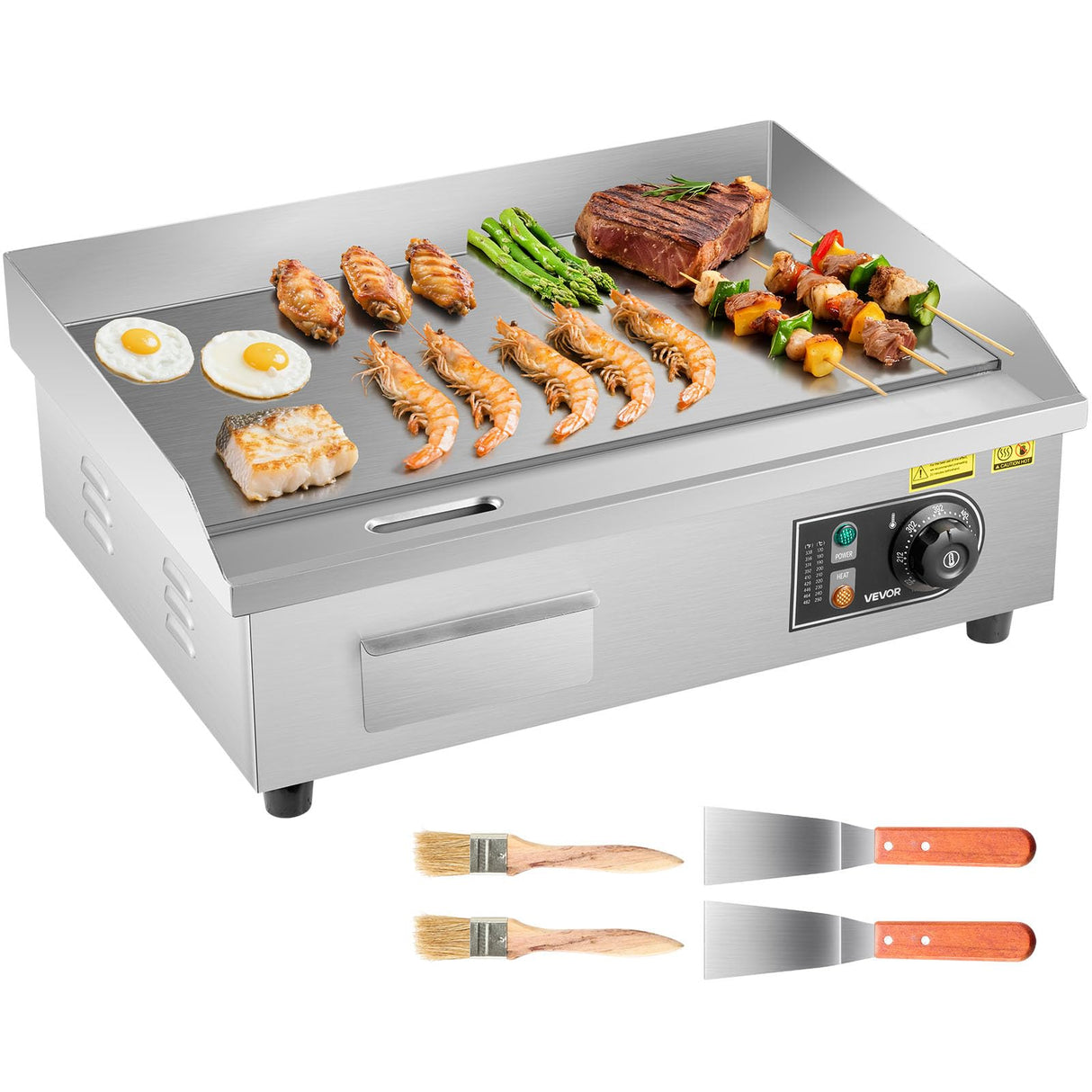 VEVOR Commercial Electric Griddle, 21.06 x 11.81 inch, 3200W, 122-570°F Adjustable Temp Control, Stainless Steel Body, Full Flat, with 2 Spatulas, 2 Brushes, and 4 Foot Pads, for Steak, Pancake
