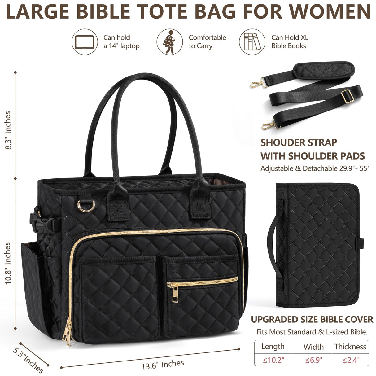 Large Bible Bag with Bible Cover Case for Women, Quilted Church Tote Bag Bible Carrying Case w/Shoulder Strap, Bible Study Supplies Journaling Kit Bible Accessories Christmas Christian Gifts for Women