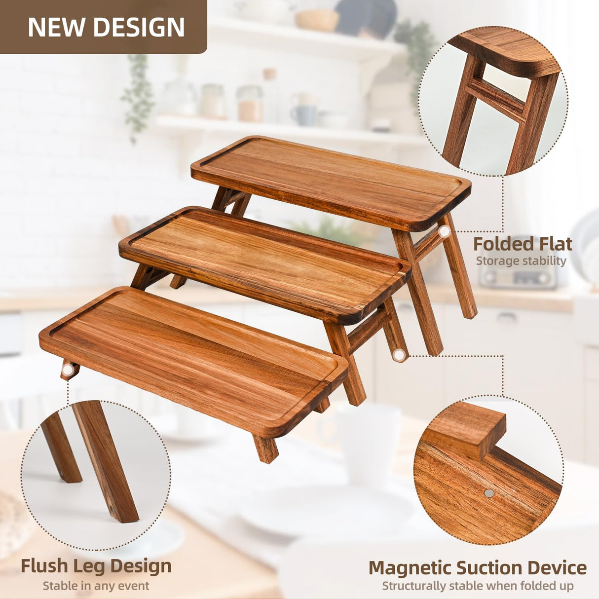 GEHE 3 Tier Serving Tray Acacia Wooden Tiered Tray Stand Foldable Dessert Table Display Set Decor Charcuterie Boards for Party, Birthday, Wedding, Christmas