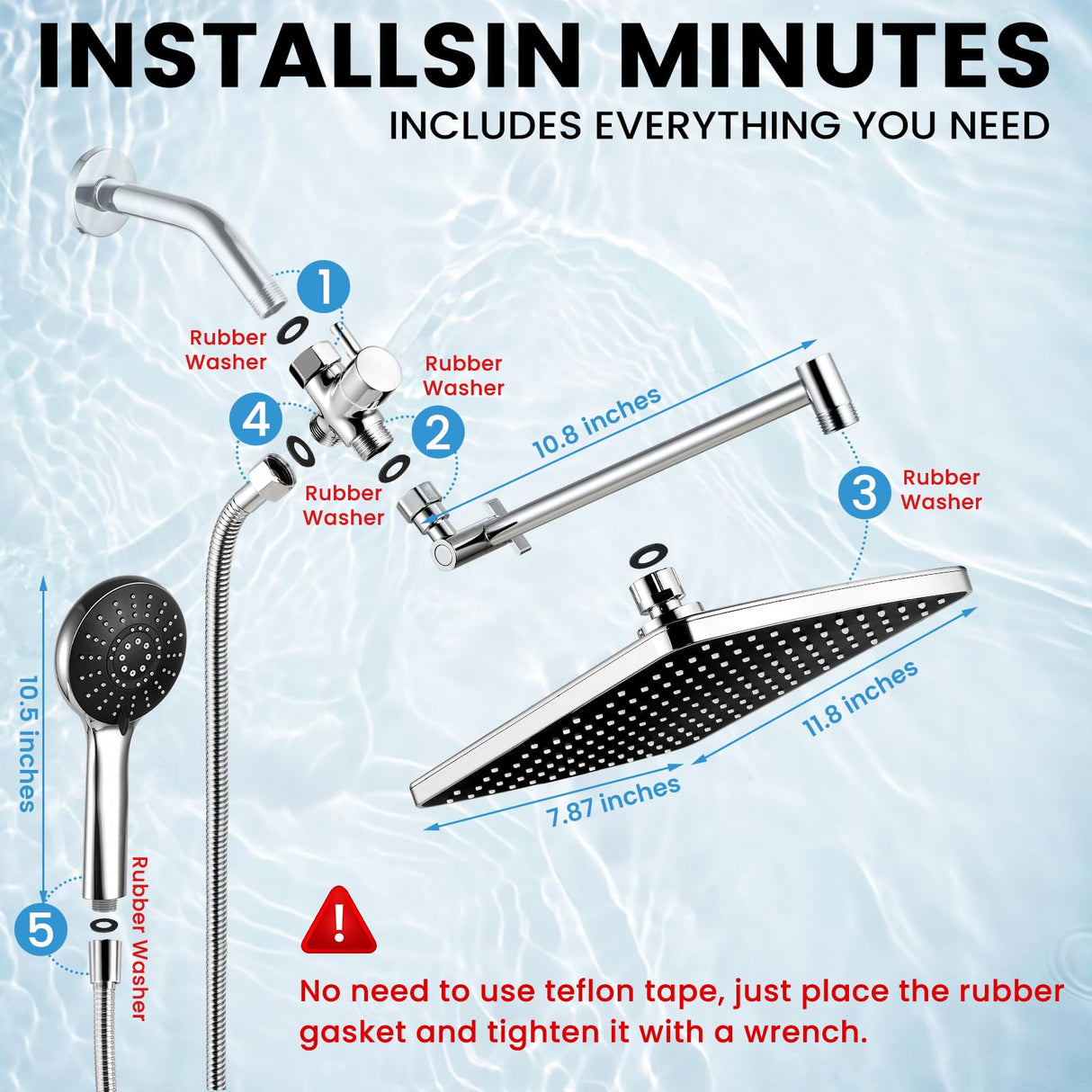 RNDIOZD Shower Head with Handheld,11.8 Inch Large Rectangular Rain Shower Head with 5 Modes Handheld Spray Combo,Adjustable Double Shower Heads with Holder and 11'' Extension Arm,Chrome