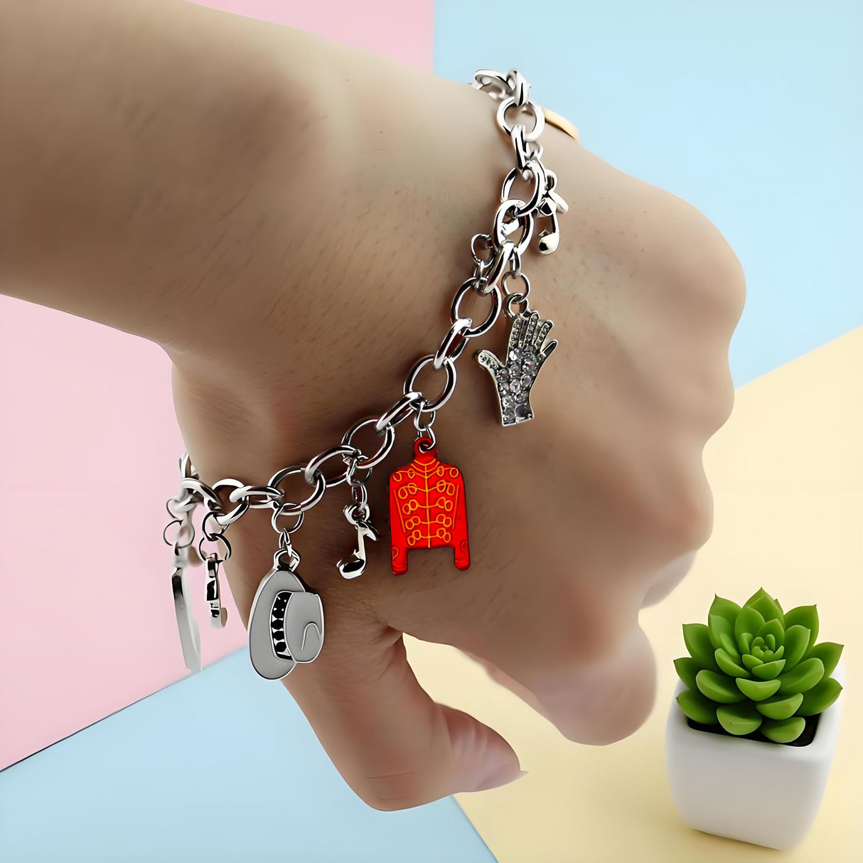 Music Inspired Charm Bracelet, Silver Chain with Red Jacket, Hat, Glove, BAD Charms, 7.29 Inch
