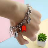 Music Inspired Charm Bracelet, Silver Chain with Red Jacket, Hat, Glove, BAD Charms, 7.29 Inch