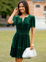 Simplee Christmas Velvet Green Dress Women Cocktail Classic Flare Short Sleeve Mini Dress V Neck A Line Ruffle Hem Tiered Bridesmaid Short Swing Dress with Pockets(Green M)