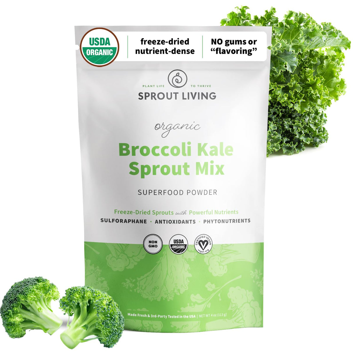 Sprout Living Broccoli and Kale Organic Sprout Mix, Freeze Dried Superfood Greens Powder, 100% Pure, Vegan, Non-GMO, Gluten Free (4 ounces, 32 servings)