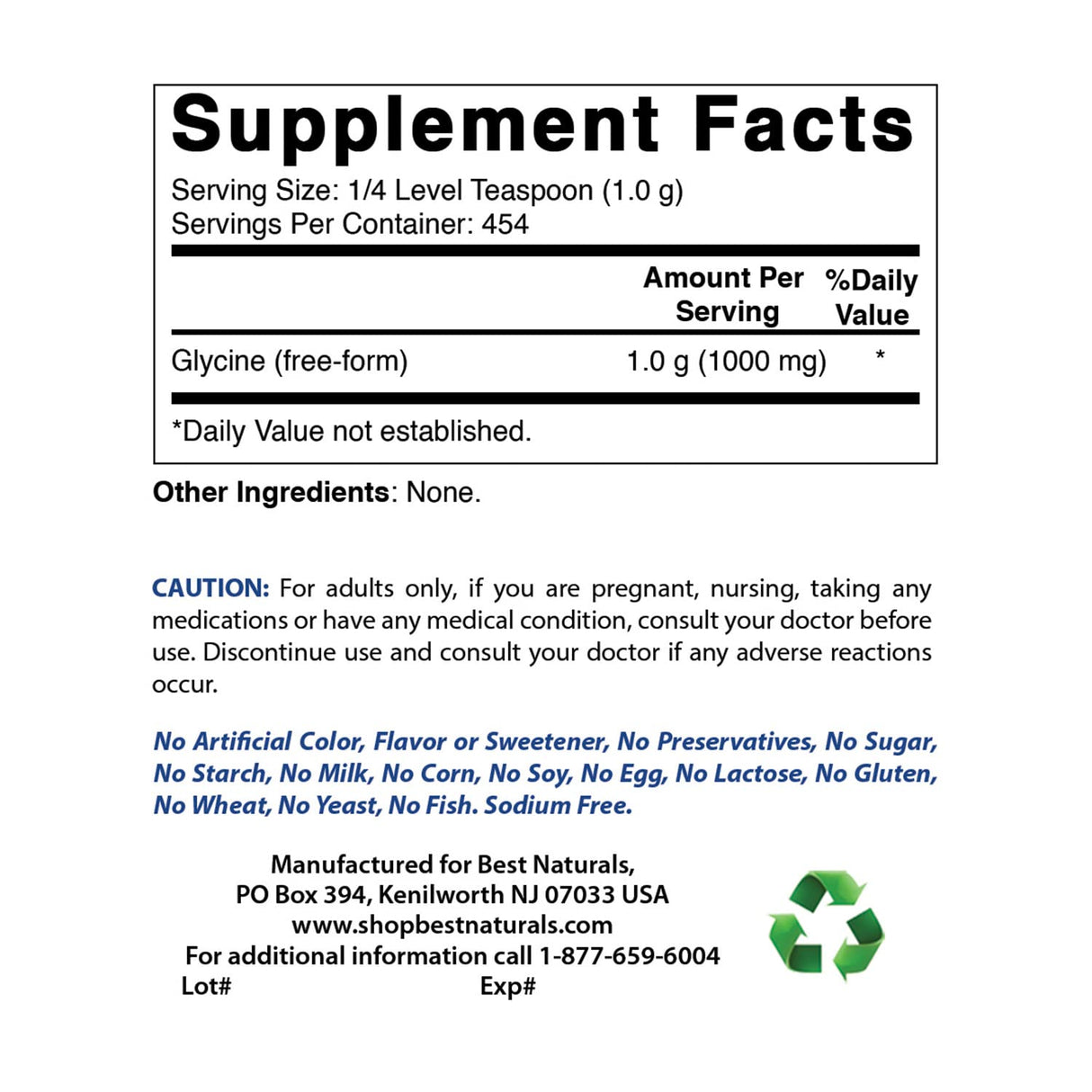Best Naturals Glycine Powder 1 LB - Neurotransmitter & Relaxation Support