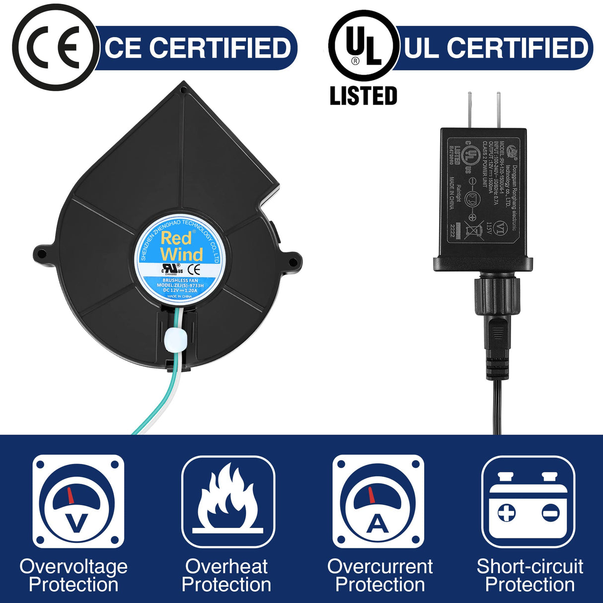 Hiboom Replacement Fan Blower, 12V 1.2A Mini Air Blower with 3 LED Light String for Inflatables Indoor Outdoor, 12V 1.5A Adapter for Christmas Xmas Holiday Inflatables Fan Blower (1 Set)