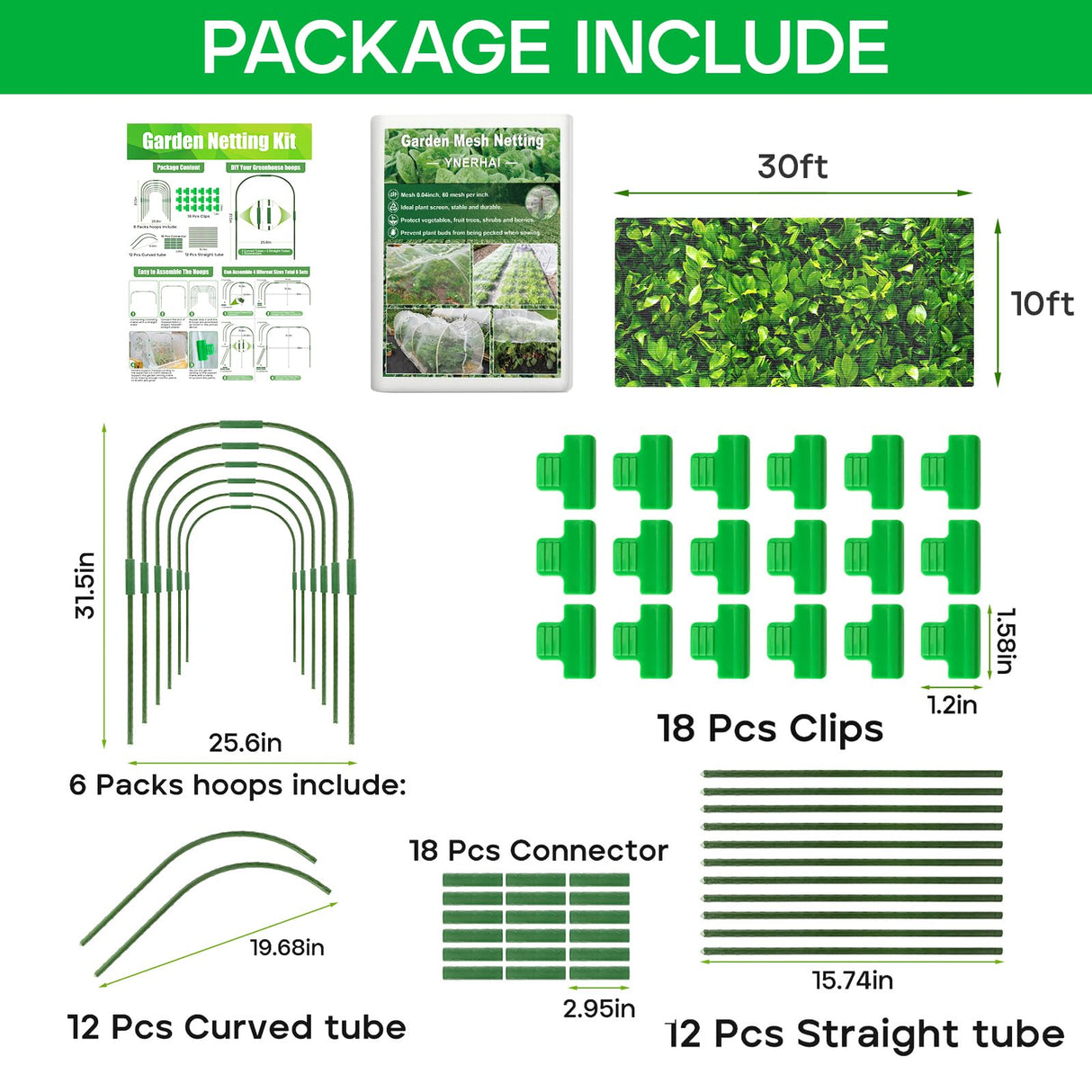 Garden Mesh Netting Kit, 10 * 30FT Ultra Fine Plant Netting Covers with 6 Pcs Garden Hoops & 18 Clips, Row Cover Net Protection for Tree Fruit Barrier Vegetable Fruits Flowers Shrubs Plant Covers Net