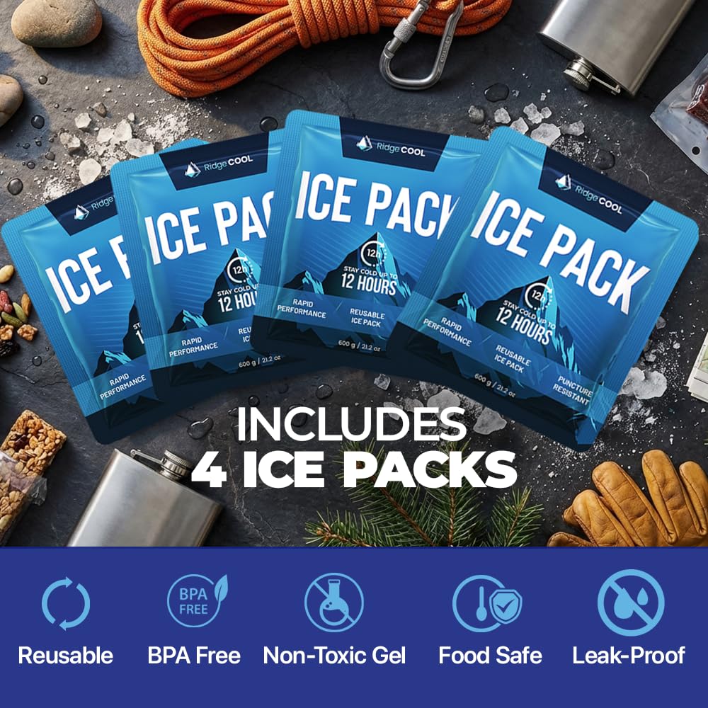 RIDGECOOL 4 Pack Large Reusable Ice Packs for Coolers, Long Lasting Freezer Packs for Cooler Bags and Insulated Totes, Leakproof, BPA-Free, Food Safe