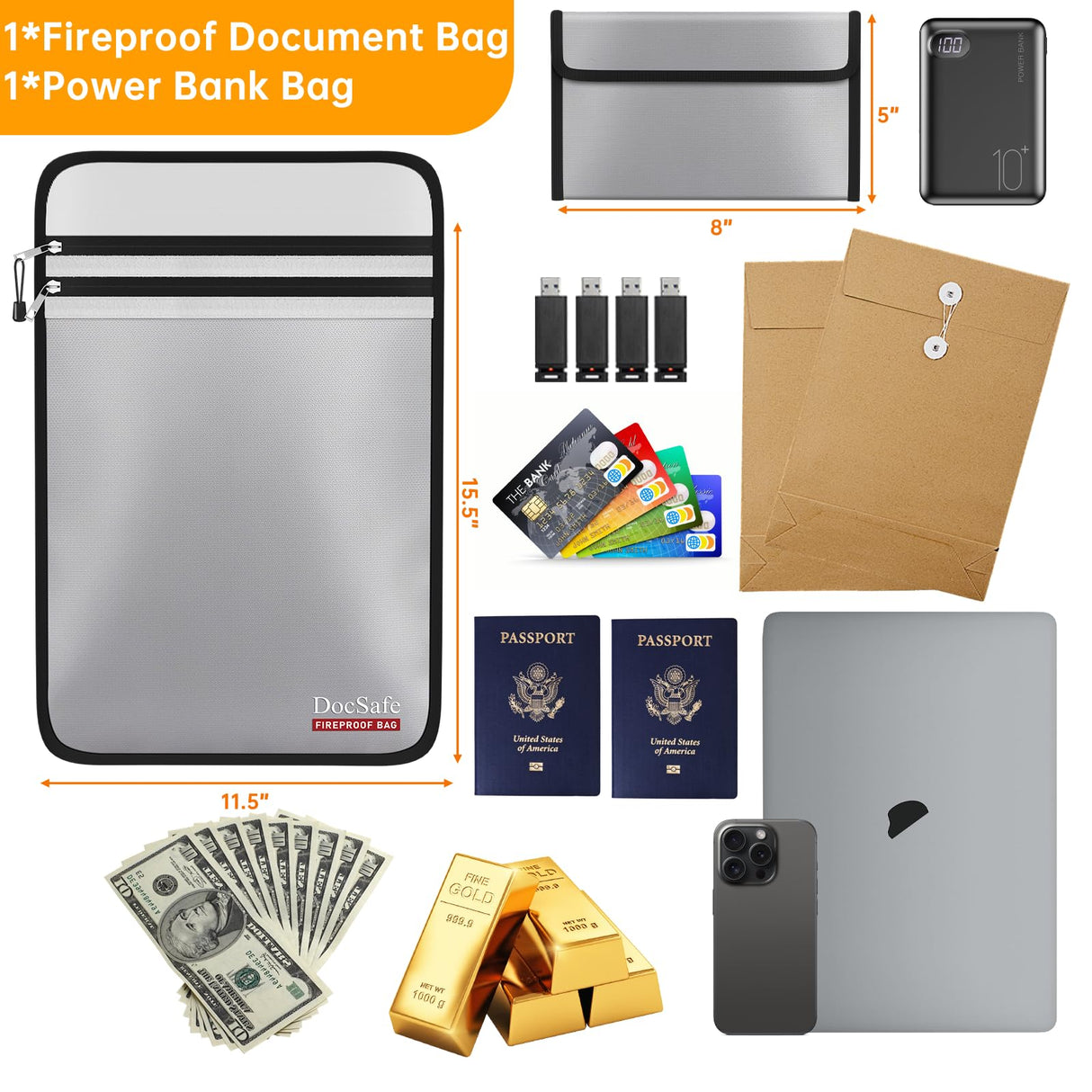 DocSafe Fireproof Document Bag (5200℉) with Fireproof Organizer Travel Case,Heat Insulated Fire＆Water Resistant 8 Layers Safe Money Bag Storage for Important Documents,Cash,Power Bank,Valuables,Gray
