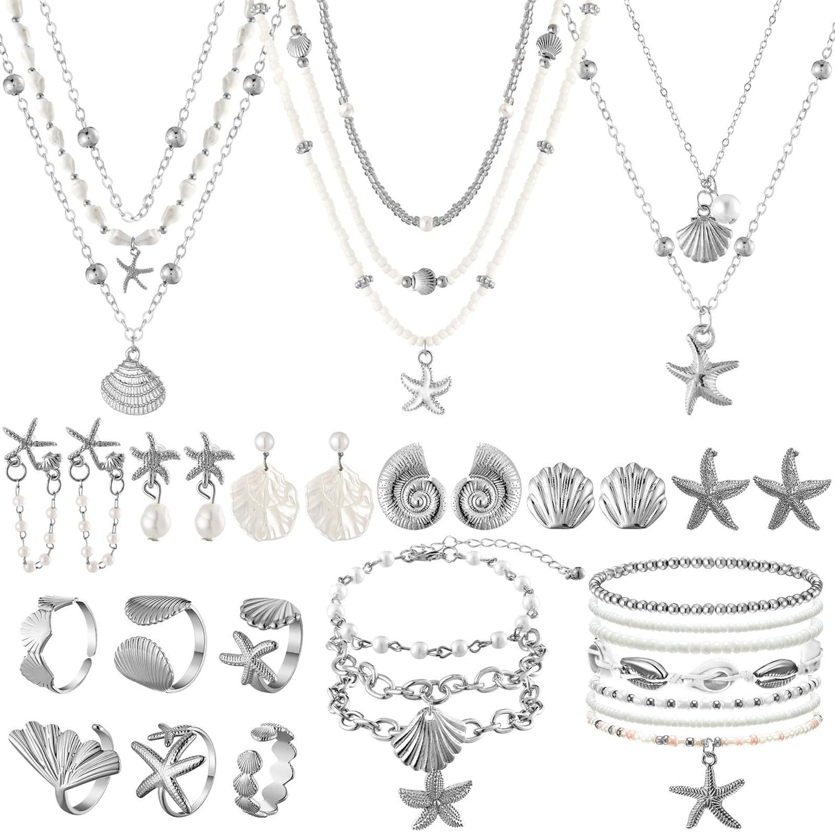 23 Pcs Seashell Starfish Jewelry Set Summer Mermaid Accessories, Silver
