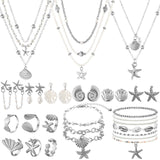 23 Pcs Seashell Starfish Jewelry Set Summer Mermaid Accessories, Silver