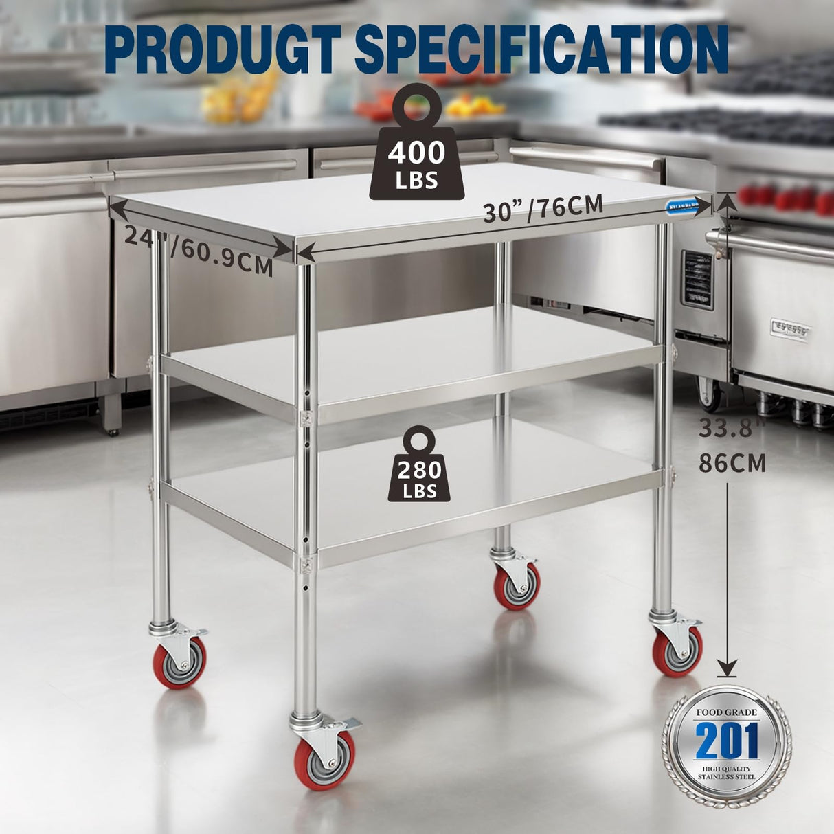 KUARBARR Stainless Steel Table with Wheels Stainless Steel Prep Table 24 x 30 Inch, NSF Commercial SS Metal Kitchen Prep Worktable for Restaurant Kitchen Garage Warehouse