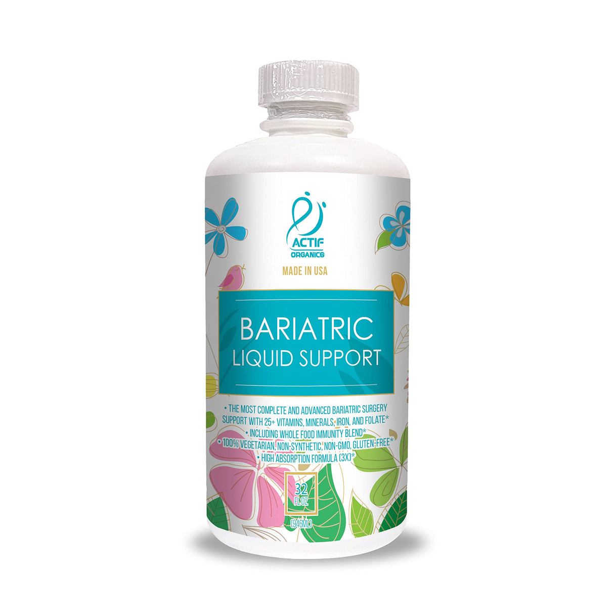 Actif Organic Bariatric Liquid Support With 25+ Organic Vitamins And Minerals For Bariatric Surgery, Advanced Formula, Non GMO, 32 Oz