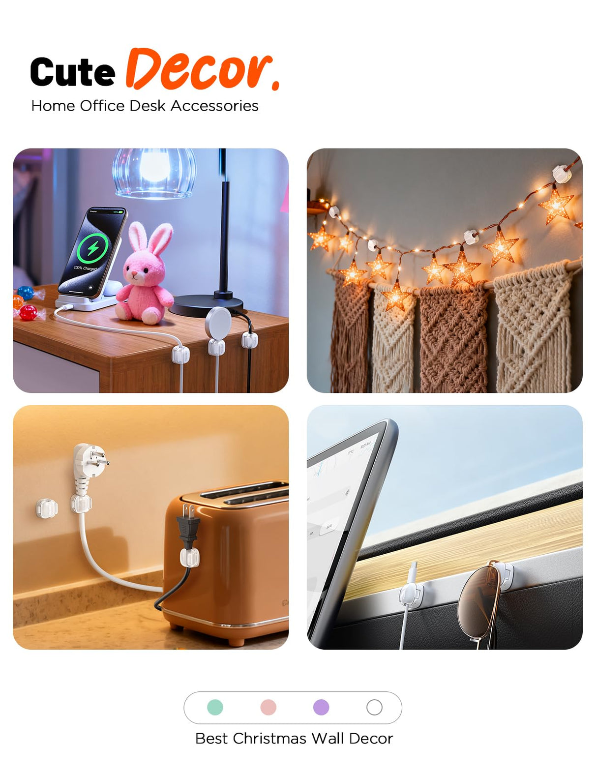 Cable Clips,12Pack Cord Holder Cord Organizer [1s Lock & Strongest Adhesive] Spring Cord Clips Phone Charger Wire Desk Cable Management Nightstand Home Office School Decor Women Cute Desk White