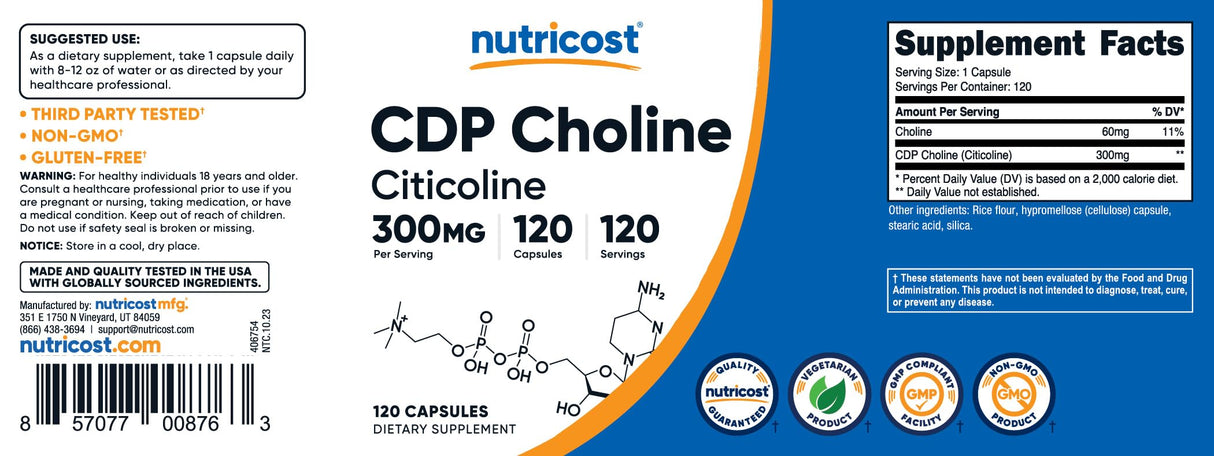 Nutricost CDP Choline (Citicoline) 300mg, 120 Vegetarian Capsules - Non-GMO, Vegetarian Friendly, Gluten Free