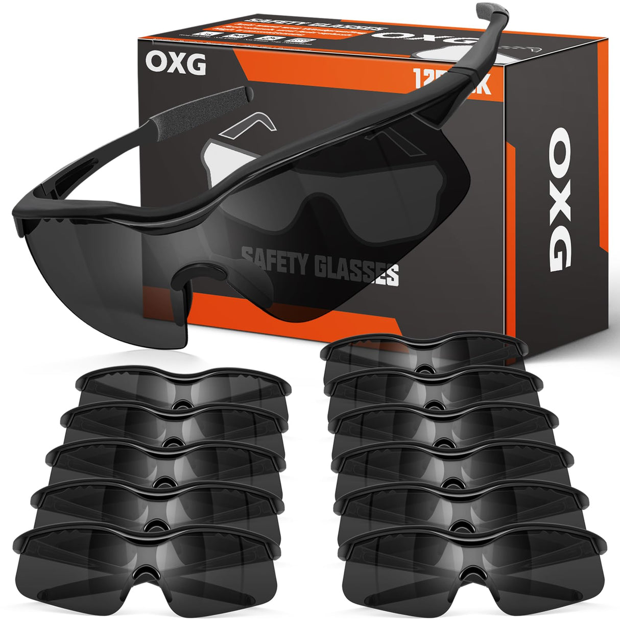 OXG 12 Pack Safety Glasses, ANSI Z87.1 Impact Resistant Anti-Scratch Safety Goggles for Men Women Youth (Grey)