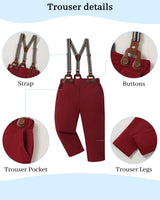 DISAUR Boys Church Outfit Short Sleeve White Flower Dress Shirt Bow Tie Suspender Christmas Red Plaid Pants Toddler Formal Outfit Boy 2t 3t 2-3t