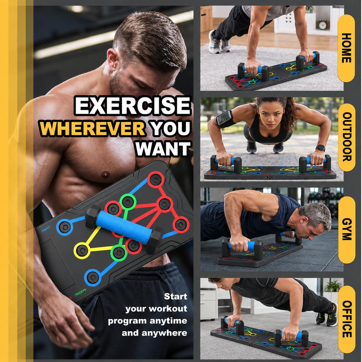 Foldable push-up rack for portable strength training, sturdy and stable equipment for men's and women's home gym workouts.