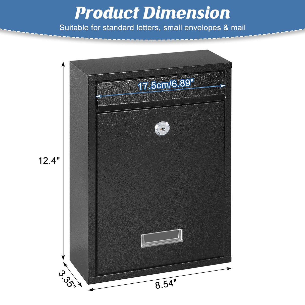 KYODOLED Mailbox for Outside, Wall Mount Locking Mailbox, Security Drop Box with Key Lock for Letters, Cash, Cards, Steel Mail Box for House Office School, 12.4H x 8.54L x 3.35W Inches, Black