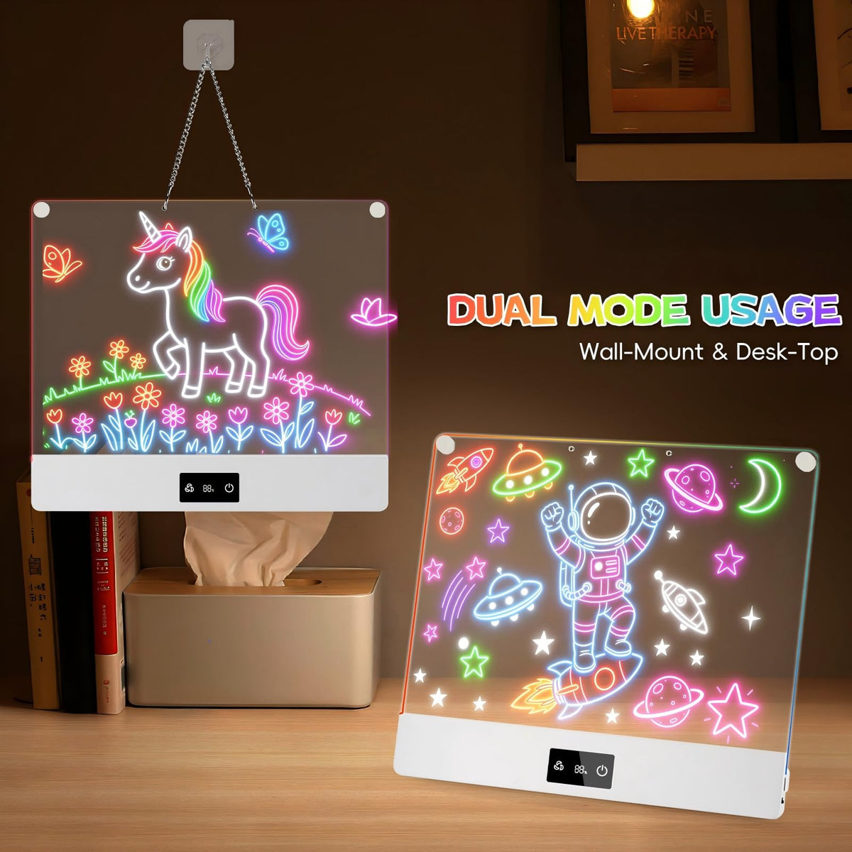LED Drawing Board for Kid - Rechargeable 14" Doodle Glow Neon Art Note Boards, Holiday Birthday Gifts Toy for Kids Girls Boys Teens, Light Up Acrylic Dry Erase Message Note Writing Pad with 7 Markers