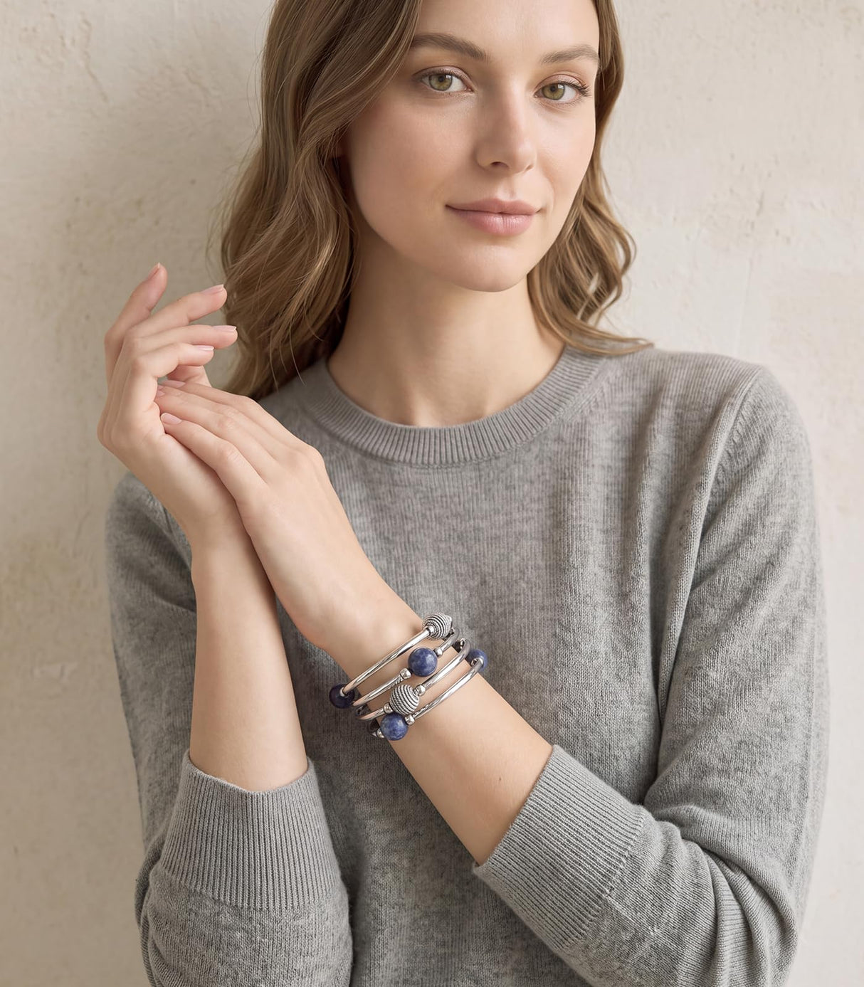 PEARL&CLUB Beaded Chakra Bangle Turquoise Bracelet - Fashion Jewelry Wrap Bracelet with Thick Silver Metal and Mala Beads, Birthday Gifts For Women(63-Navy Blue)